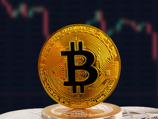 BTC on stack of cryptocurrencies with falling crashing graph in background