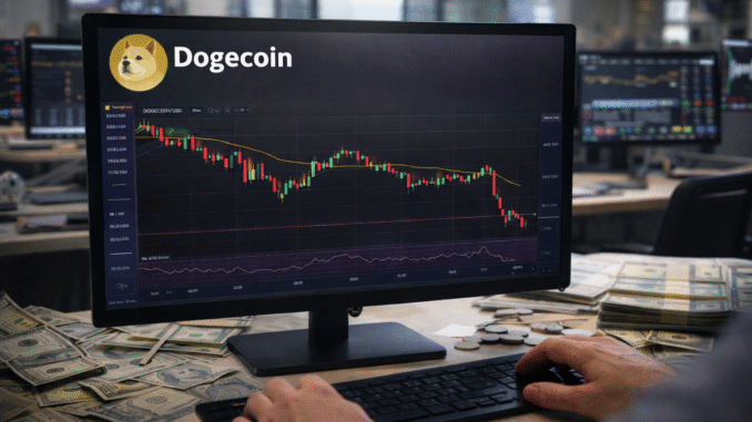 A trader’s hands operate a keyboard while monitoring a Dogecoin candlestick chart on a desktop monitor in a financial office setting.