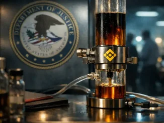 Binance-branded device with dark liquid in front of a Department of Justice seal, symbolizing renewed DOJ probe into Iran-linked crypto flows after the $4.3 billion settlement and CZ pardon