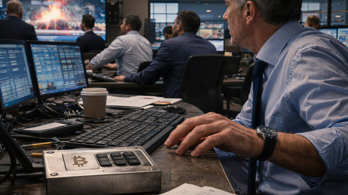 Trader monitors geopolitical crisis on screens while using a Bitcoin device, showing BTC acting as a real-time market risk indicator rather than a traditional safe haven