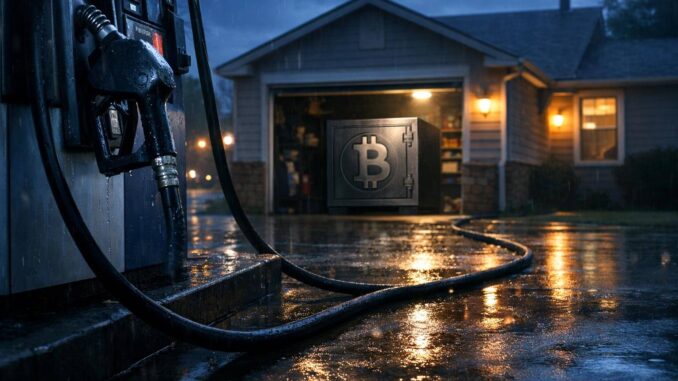 Gas pump connected to a home garage with a Bitcoin safe, symbolizing how rising fuel costs and mortgage rates are impacting Bitcoin holders