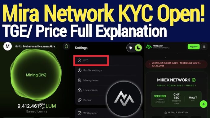 Mira Network Mining App KYC Verification and Lumira LUM Coin TGE/ Price Explain!