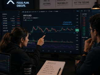 Traders analyzing XRP as it stays below $1.12