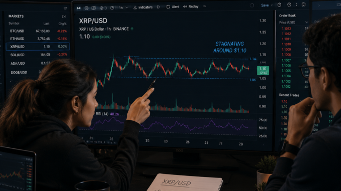 Traders analyzing XRP as it stays below $1.12