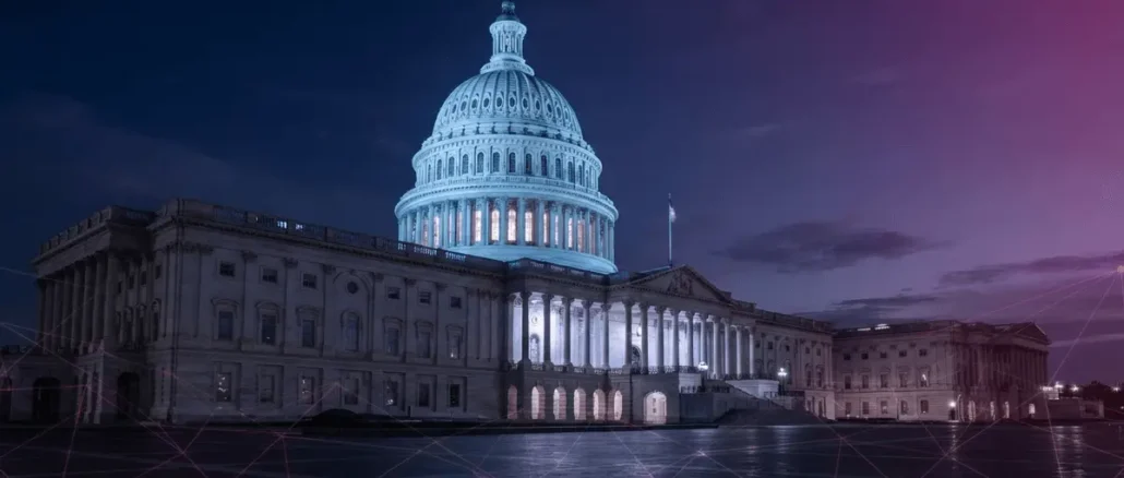 US Capitol building at dusk with modern grid overlay, representing legislative crypto regulation debate