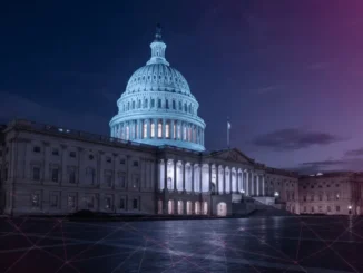 US Capitol building at dusk with modern grid overlay, representing legislative crypto regulation debate