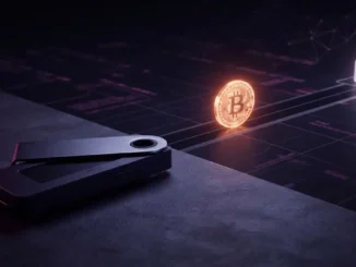 Hardware wallet and blockchain transaction path representing a Bitcoin hack-related fund transfer