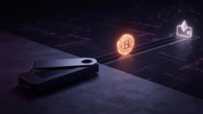 Hardware wallet and blockchain transaction path representing a Bitcoin hack-related fund transfer