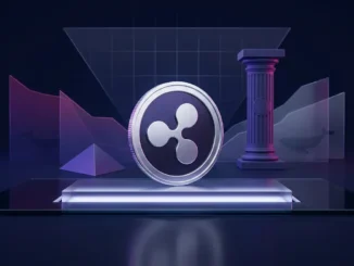 XRP-inspired coin above a glowing support zone with regulatory and liquidity signals converging