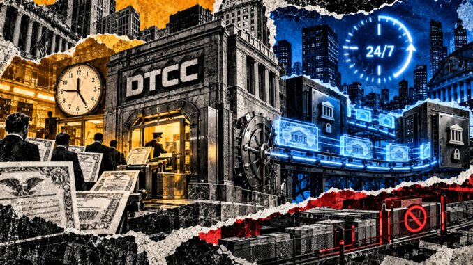 DTCC converts securities through a weekday vault gate, while tokenized assets move 24/7 between registered institutional wallets.